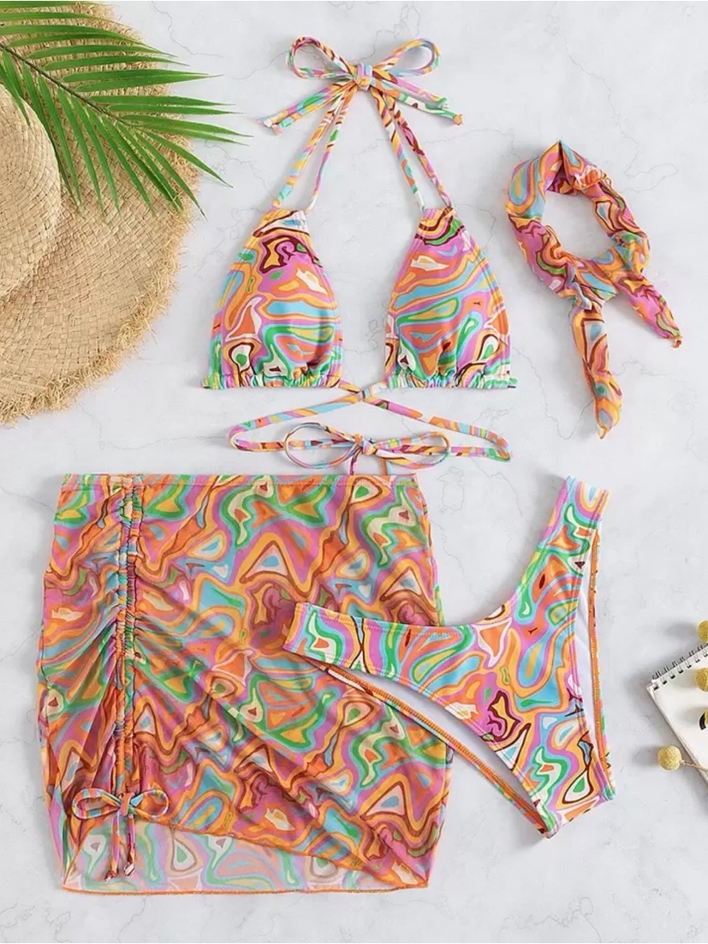 Swirl Bikini Set Lace Up Triangle Bra-High Cut Bottom/Beach Skirt/Headband - Picture 2 of 2